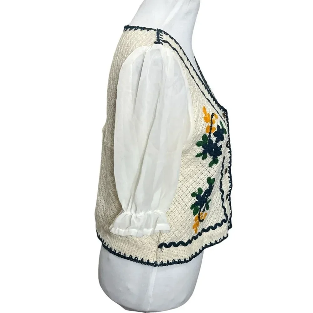 Knit Crochet Button Blouse Women’s XS White Puff Sleeve Embroidered Cottagecore - Picture 5 of 10